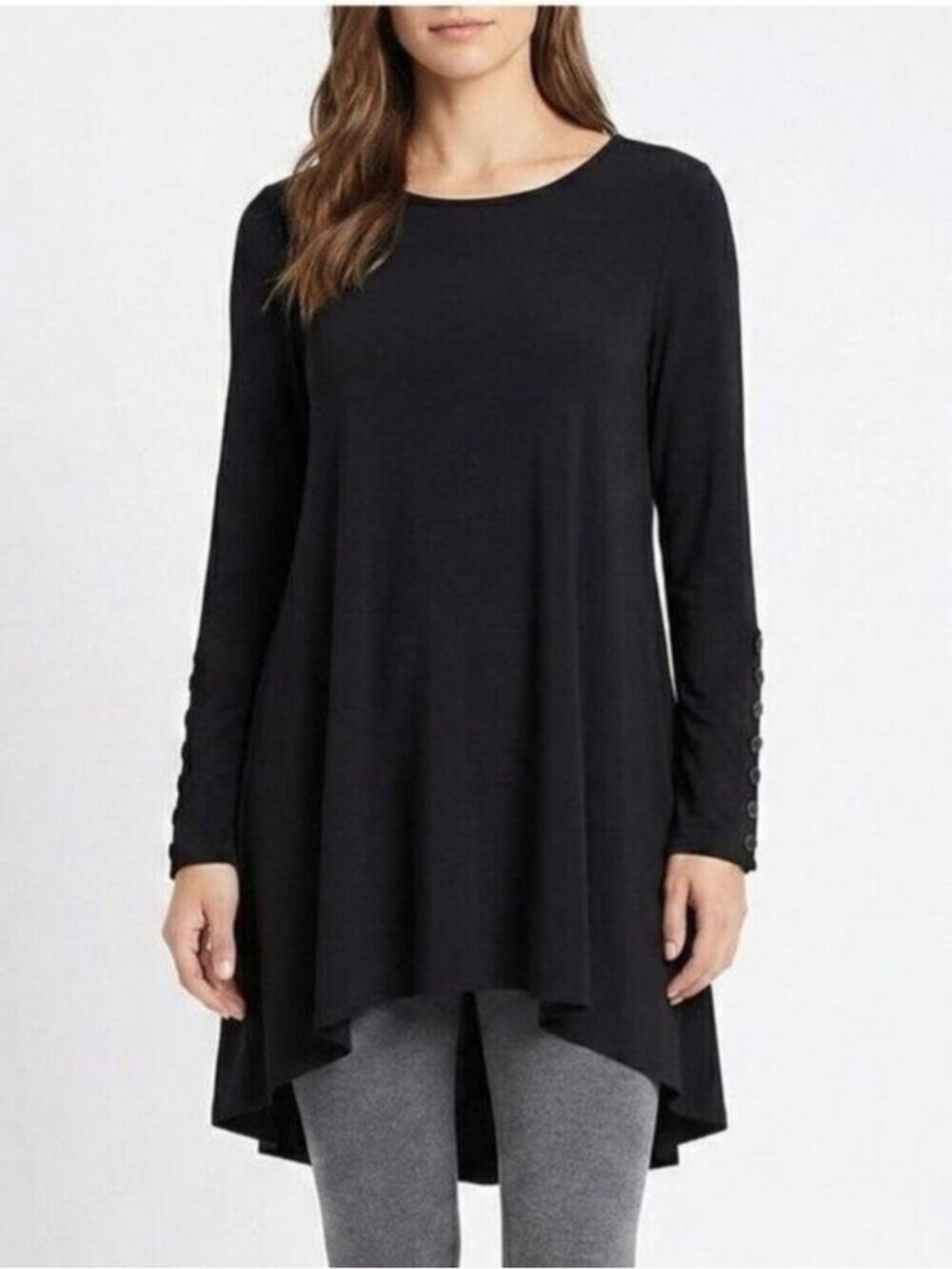 Sympli Black Slinky Stretch Jersey Button Cuff High Low Tunic